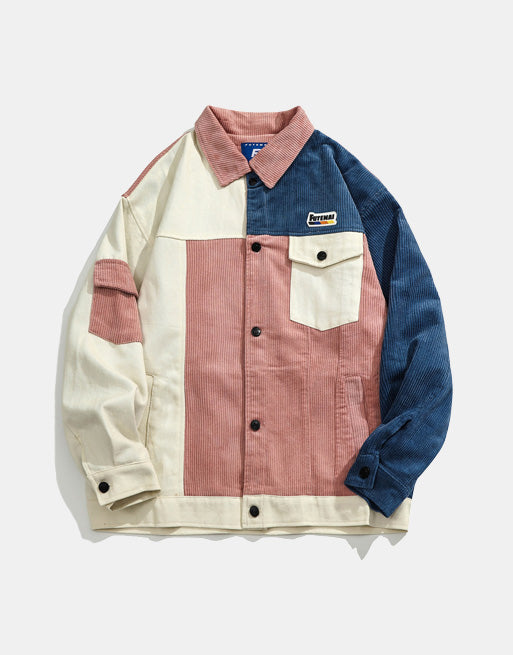 90's Color Block Patchwork Corduroy Retro Shirt Pink, XS - Streetwear Shirt - Slick Street