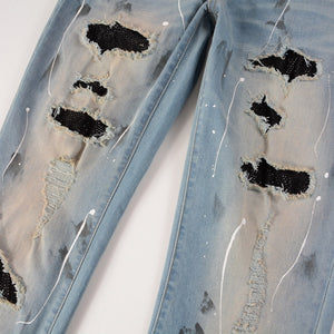 Light Blue Distressed Onyx Rhinestone Slim Jeans ,  - Streetwear Jeans - Slick Street