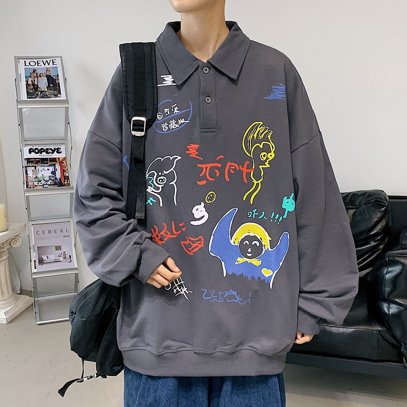 Retro Artwork Long Sleeve Shirt Dark Gray, XXS - Streetwear Shirt - Slick Street