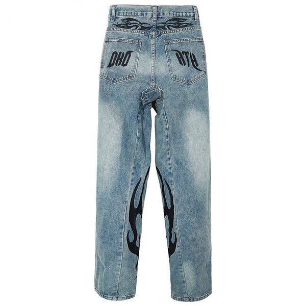 HTH Flame Embroidery Blue Denim Pants ,  - Streetwear Pants - Slick Street