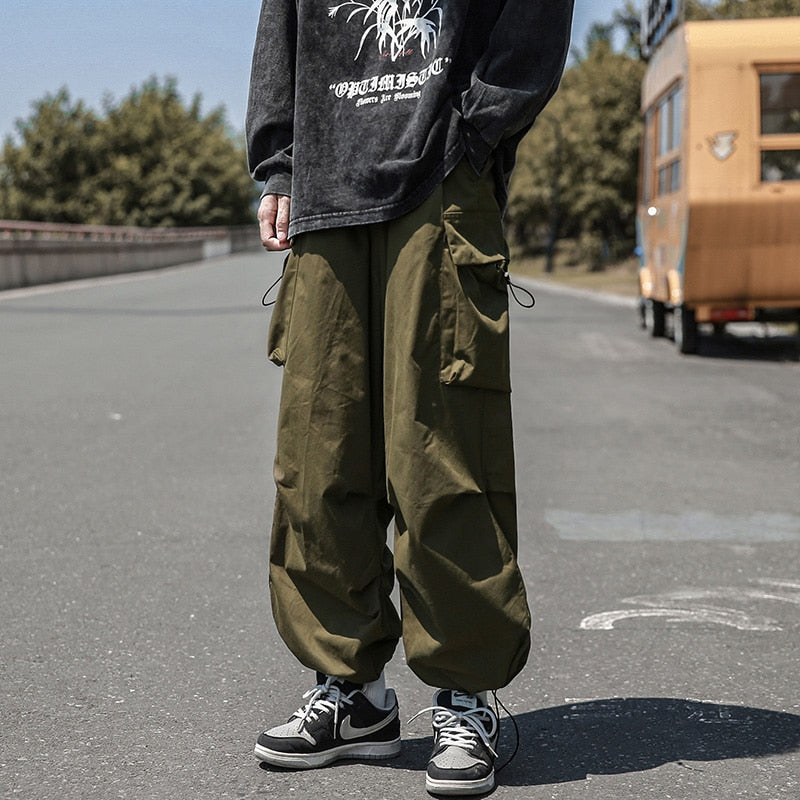 Straight Elastic Ankle Style Baggy Pants Army Green, XS - Streetwear Pants - Slick Street