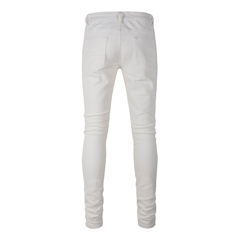 White Distressed Rhinestone Slim Jeans ,  - Streetwear Jeans - Slick Street