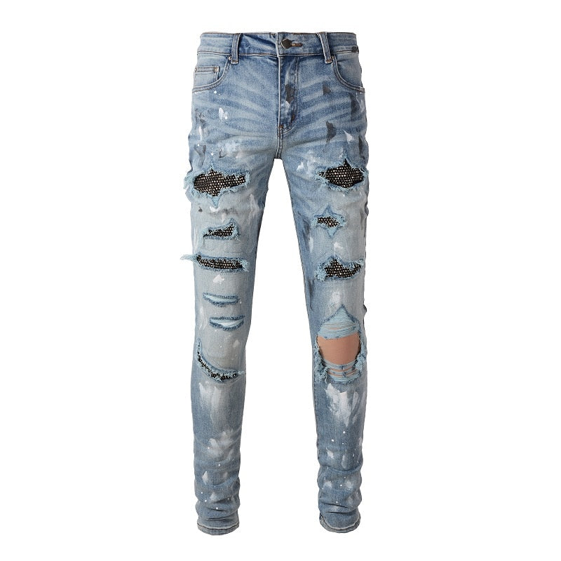 Distressed Silver Rhinestone Slim Blue Jeans Blue, 28 - Streetwear Jeans - Slick Street