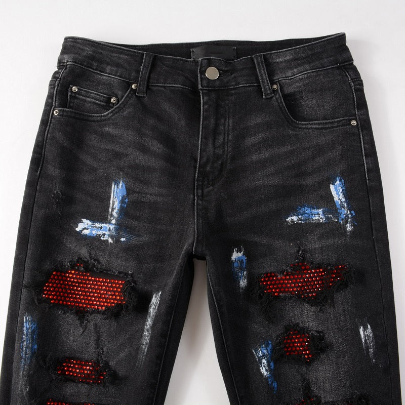 Ruby Distressed Rhinestone Slim Black Jeans ,  - Streetwear Jeans - Slick Street