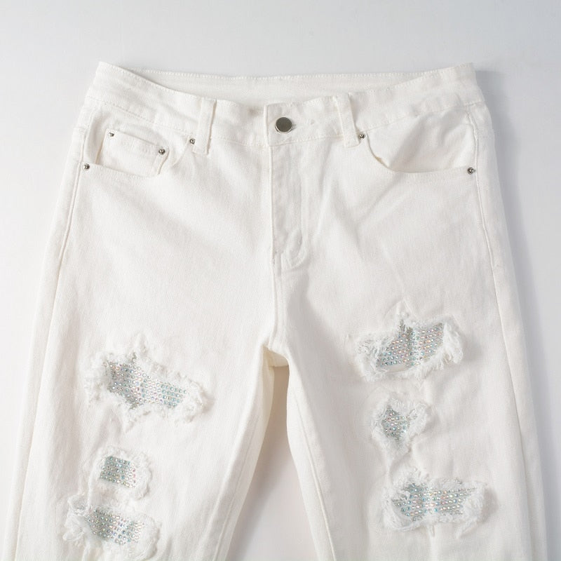 White Distressed Rhinestone Slim Jeans ,  - Streetwear Jeans - Slick Street