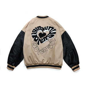 Change From Us Two Shaded Heart Shape Varsity Jacket Khaki, XS - Streetwear Jacket - Slick Street