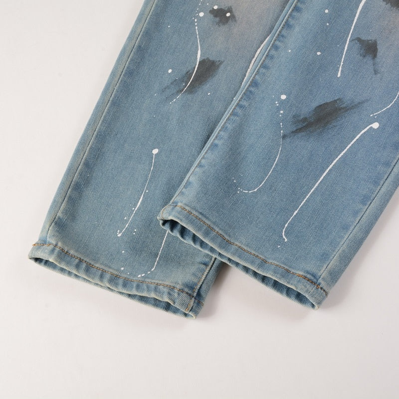 Light Blue Distressed Onyx Rhinestone Slim Jeans ,  - Streetwear Jeans - Slick Street