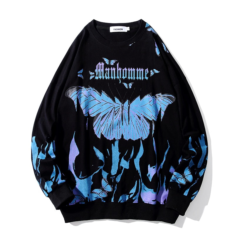 Butterfly Fire Flame Sweatshirt Black, XS - Streetwear Sweatshirts - Slick Street