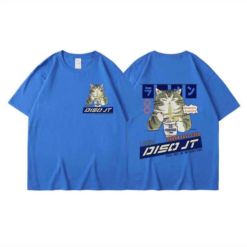 Midnight Canteen Cat Graphic T-Shirt Blue, XXS - Streetwear Shirt - Slick Street