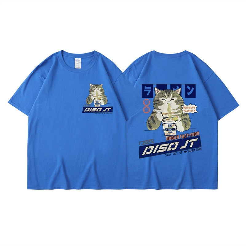 Midnight Canteen Cat Graphic T-Shirt Blue, XXS - Streetwear T-Shirt - Slick Street