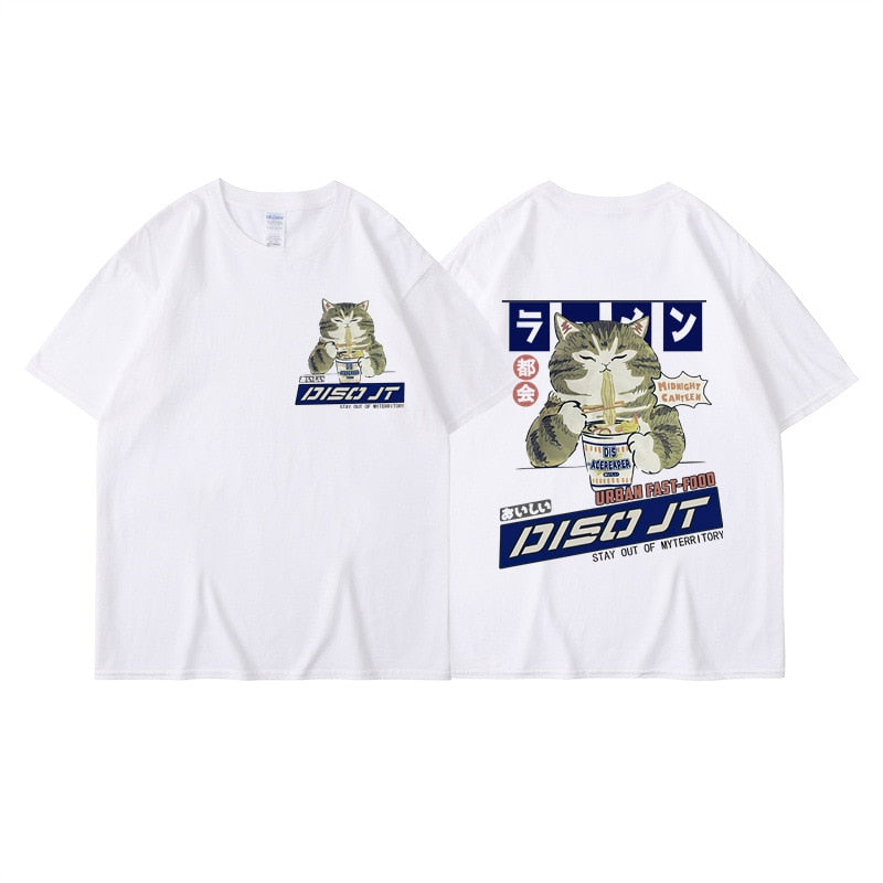 Midnight Canteen Cat Graphic T-Shirt White, XXS - Streetwear T-Shirt - Slick Street