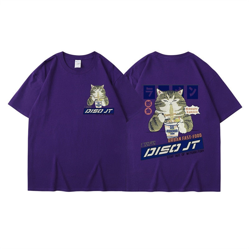 Midnight Canteen Cat Graphic T-Shirt Purple, XXS - Streetwear Shirt - Slick Street