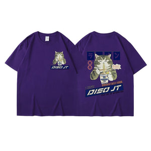 Midnight Canteen Cat Graphic T-Shirt Purple, XXS - Streetwear T-Shirt - Slick Street