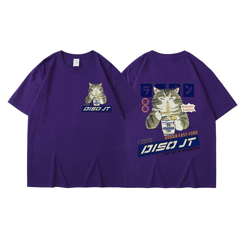 Midnight Canteen Cat Graphic T-Shirt Purple, XXS - Streetwear T-Shirt - Slick Street