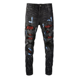 Ruby Distressed Rhinestone Slim Black Jeans Black, 28 - Streetwear Jeans - Slick Street