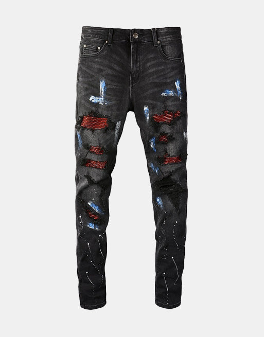 Ruby Distressed Rhinestone Slim Black Jeans ,  - Streetwear Jeans - Slick Street