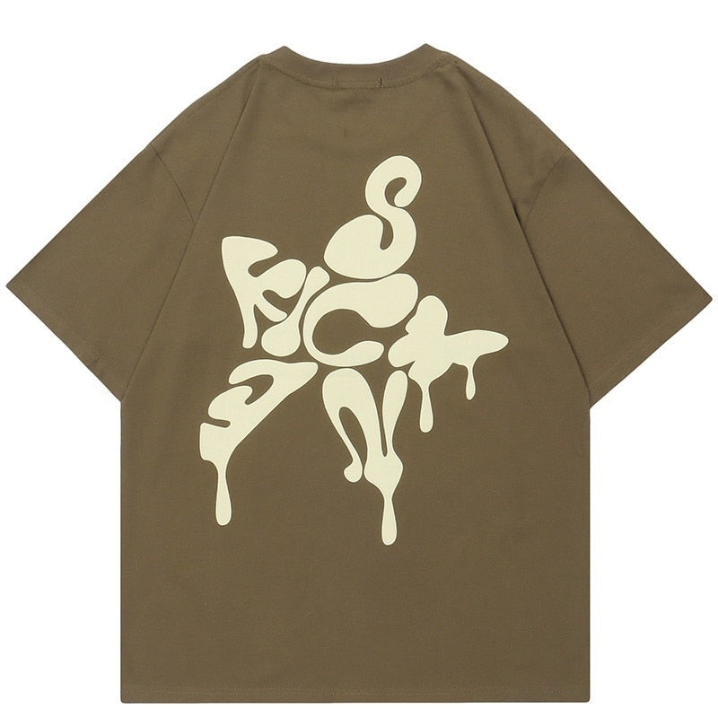 Star Shape Melting Letter Graphic T-Shirt Brown, S - Streetwear T-Shirt - Slick Street