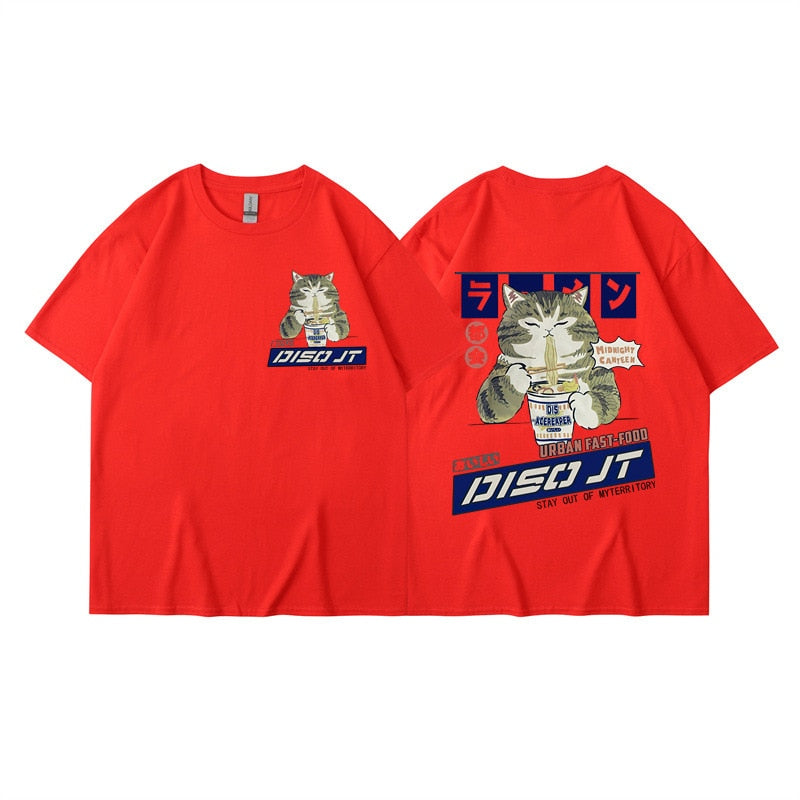 Midnight Canteen Cat Graphic T-Shirt Red, XXS - Streetwear Shirt - Slick Street