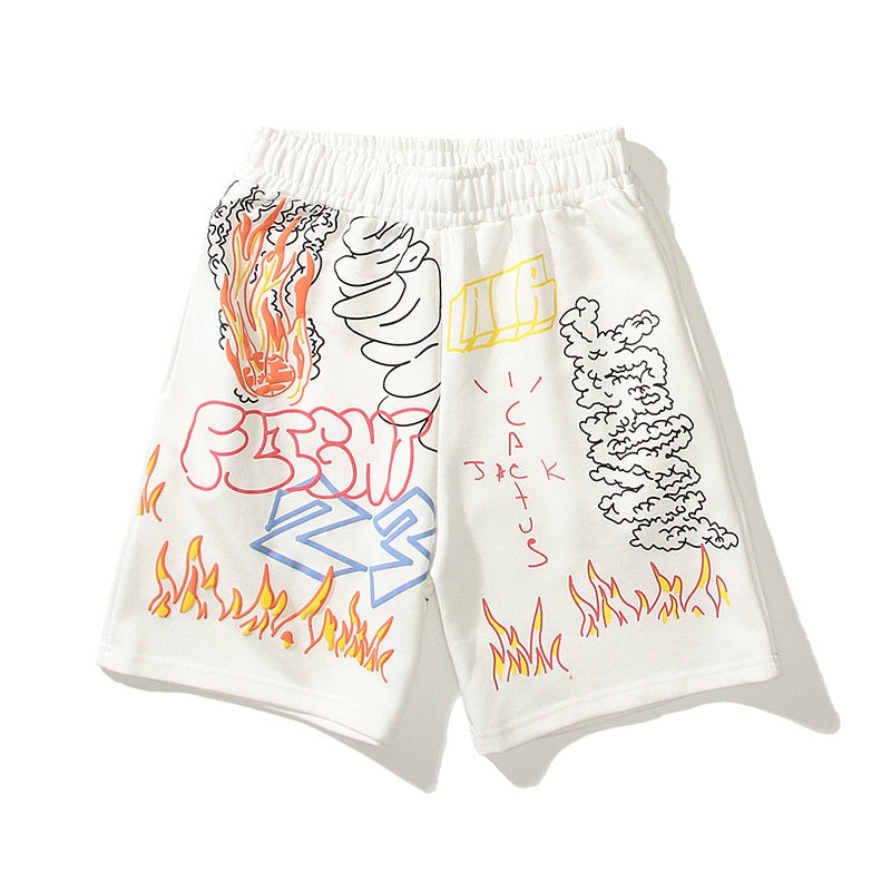 Cactus Fire Shorts White, XS - Streetwear Shorts - Slick Street