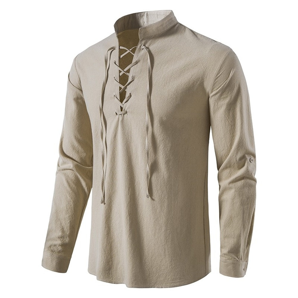 V Placket Lattice Lacing Style T-Shirt khaki, S - Streetwear T-Shirt - Slick Street