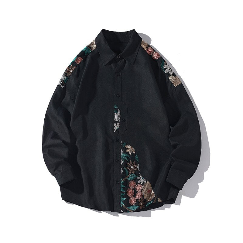 Jacobean Floral Collar Shirt Black, XS - Streetwear Shirt - Slick Street