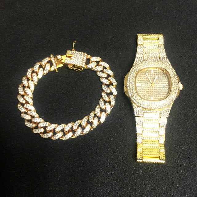 Ice Knight. Iced Out Watch Set (Silver/Gold) Gold Watch + Bracelet,  - Streetwear Jewellery - Slick Street