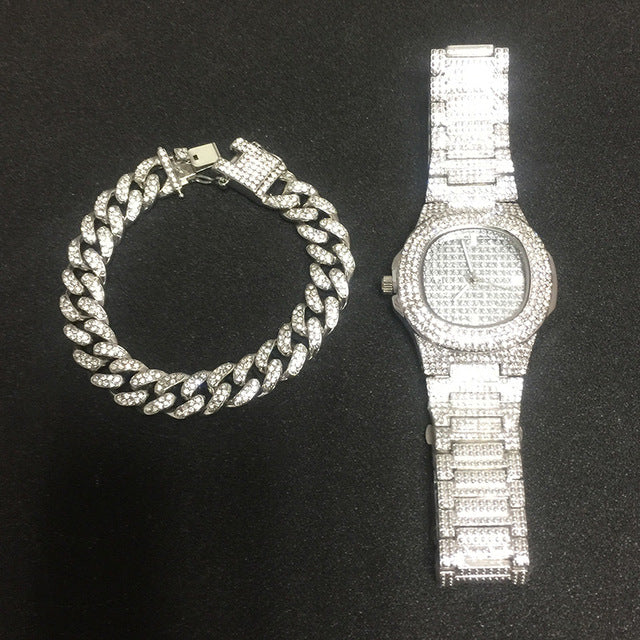 Ice Knight. Iced Out Watch Set (Silver/Gold) Silver Watch + Bracelet,  - Streetwear Jewellery - Slick Street