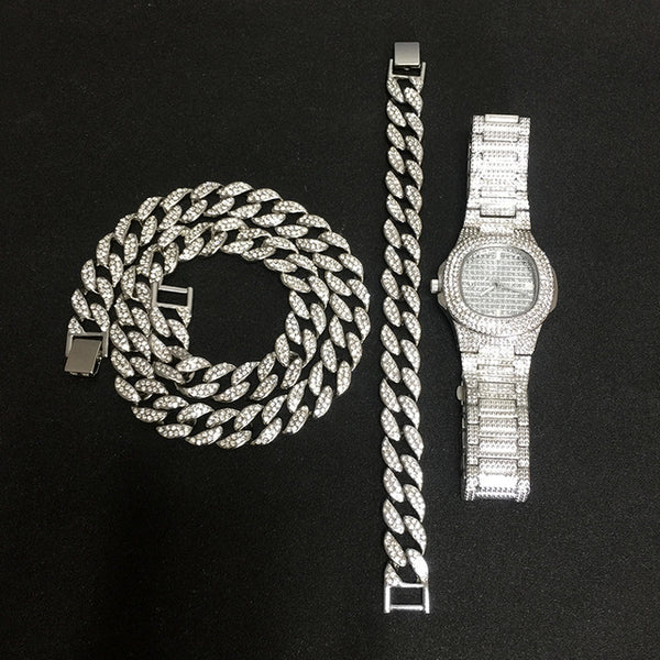 Ice Knight. Iced Out Watch Set (Silver/Gold) Silver Set (Watch + Necklace + Bracelet),  - Streetwear Jewellery - Slick Street
