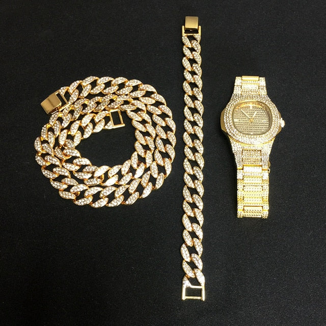 Ice Knight. Iced Out Watch Set (Silver/Gold) Gold Set (Watch + Necklace + Bracelet),  - Streetwear Jewellery - Slick Street