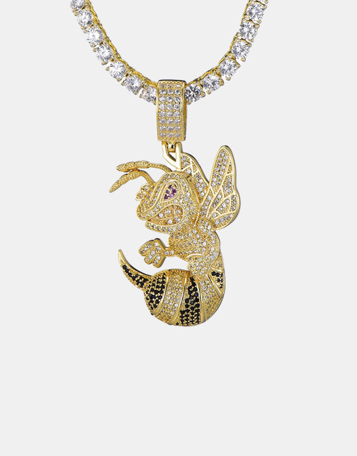 Ice Shark. Iced Hornet Necklace Gold, 4mm Tennis Chain - Streetwear Jewellery - Slick Street