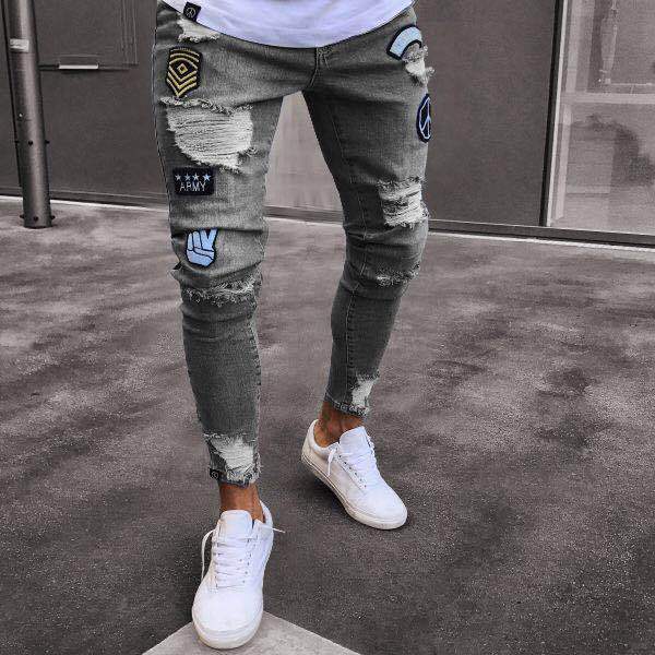 Peace Sign Ripped Skinny Jeans - 3 Colours Gray, XS - Streetwear Jeans - Slick Street