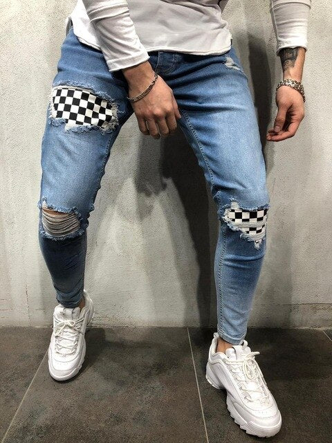 xChequered Distressed Skinny Jeans ,  - Streetwear Jeans - Slick Street