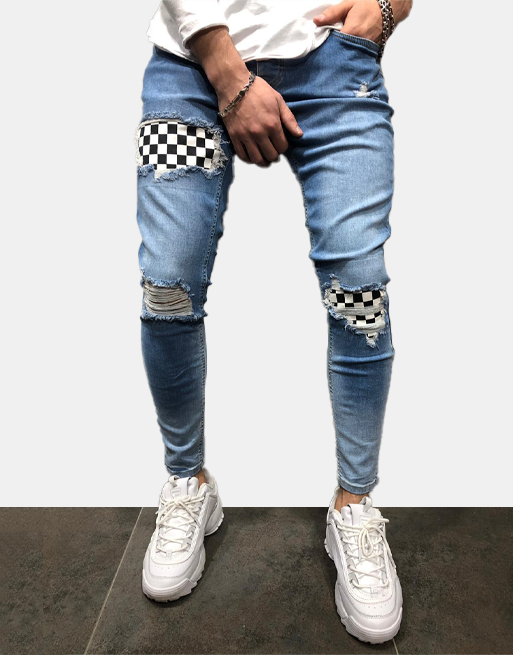xChequered Distressed Skinny Jeans Light Blue, L - Streetwear Jeans - Slick Street
