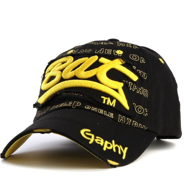 Bat Gaphy Distressed Baseball Cap (15 Colours) Black yellow, One Size - Streetwear Hats - Slick Street