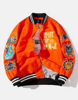 WOEF Varsity Jacket Orange, S - Streetwear Bomber Jacket - Slick Street