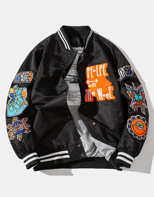WOEF Varsity Jacket Black, S - Streetwear Bomber Jacket - Slick Street