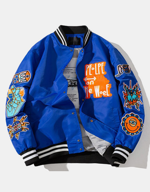 WOEF Varsity Jacket Blue, S - Streetwear Bomber Jacket - Slick Street
