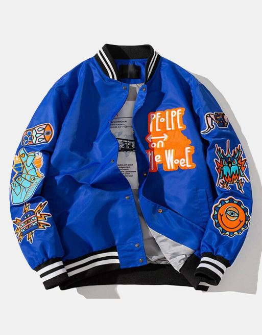 WOEF Varsity Jacket Blue, S - Streetwear Bomber Jacket - Slick Street