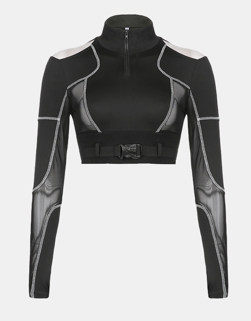 Techwear Mesh Buckle Cropped Long Top Black, XS - Streetwear Tops - Slick Street