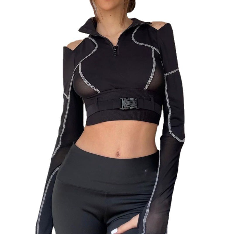 Techwear Mesh Buckle Cropped Long Top ,  - Streetwear Tops - Slick Street