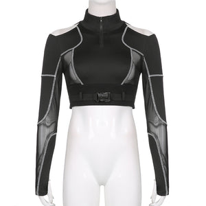 Techwear Mesh Buckle Cropped Long Top ,  - Streetwear Tops - Slick Street