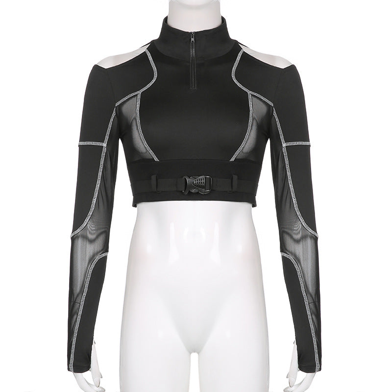 Techwear Mesh Buckle Cropped Long Top ,  - Streetwear Tops - Slick Street