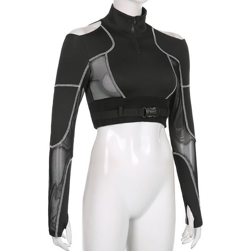 Techwear Mesh Buckle Cropped Long Top ,  - Streetwear Tops - Slick Street