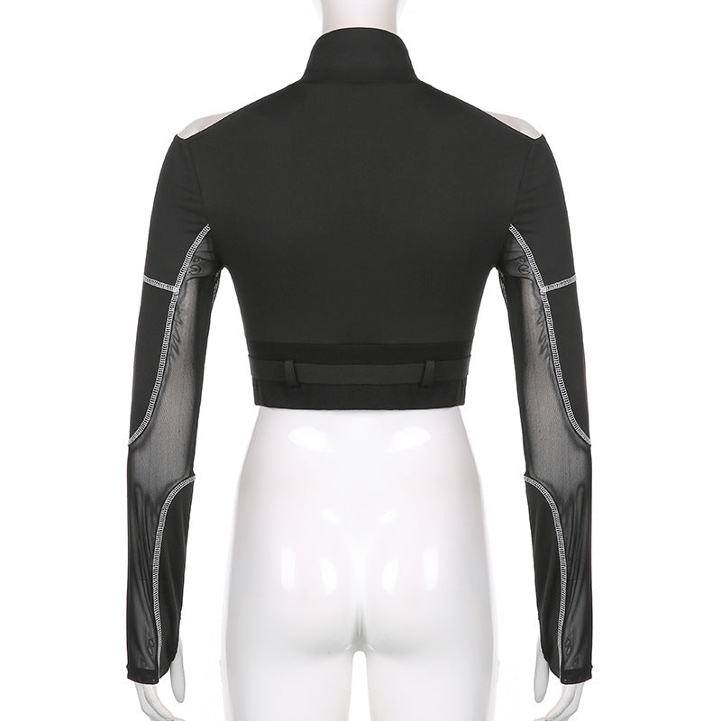 Techwear Mesh Buckle Cropped Long Top ,  - Streetwear Tops - Slick Street
