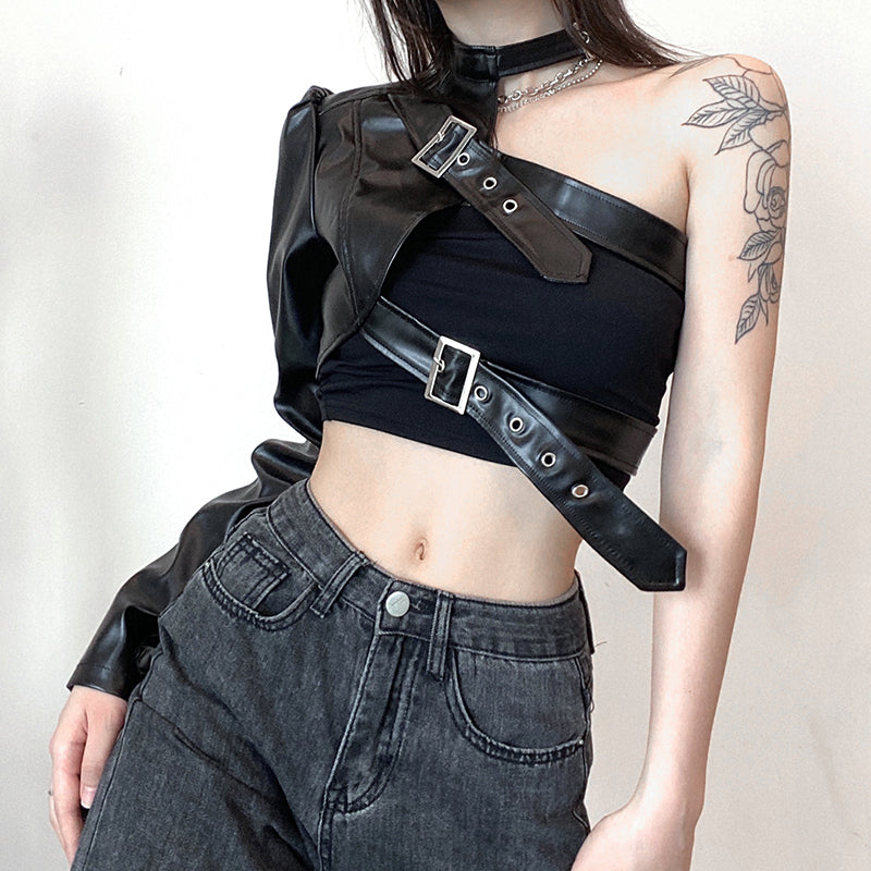 One Shoulder PU Cropped Coat ,  - Streetwear Jackets - Slick Street