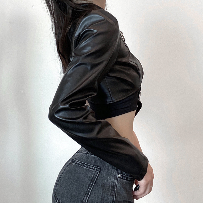 One Shoulder PU Cropped Coat ,  - Streetwear Jackets - Slick Street