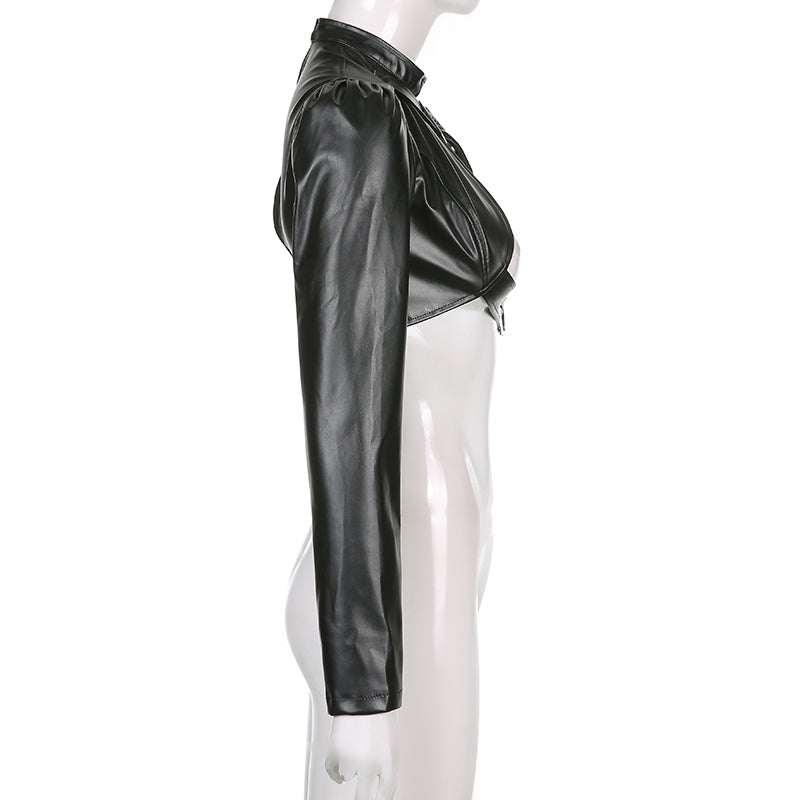 One Shoulder PU Cropped Coat ,  - Streetwear Jackets - Slick Street