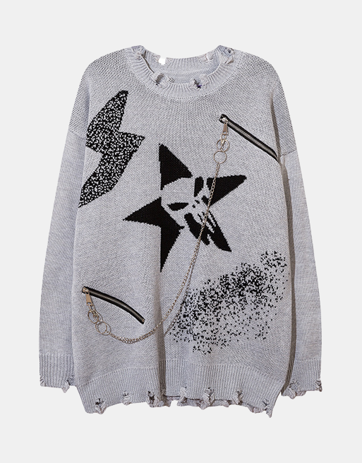 SKULL STAR Sweater Gray, L - Streetwear Sweatshirt - Slick Street
