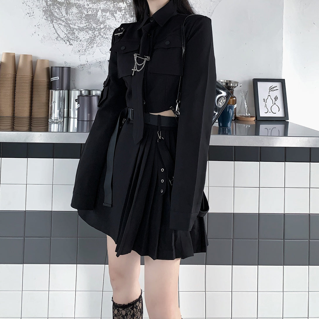 Dark Gothic Exposed Waist Skirt Suit ,  - Streetwear Jackets - Slick Street