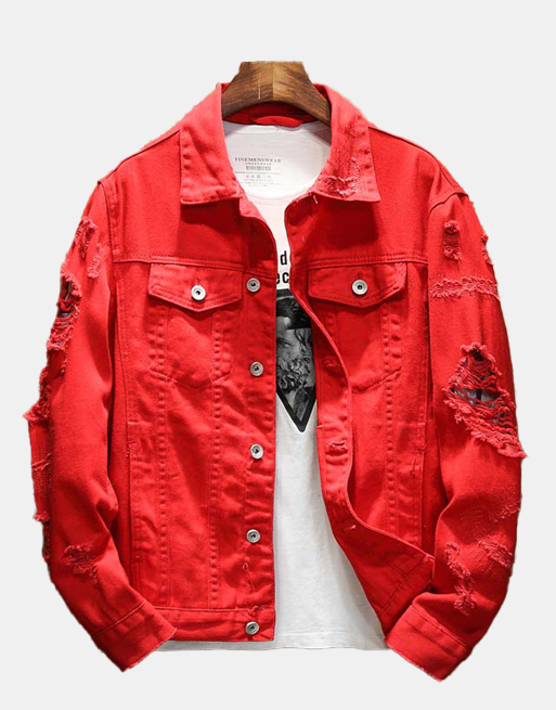 Distressed Denim Jacket Red, S - Streetwear Jackets - Slick Street